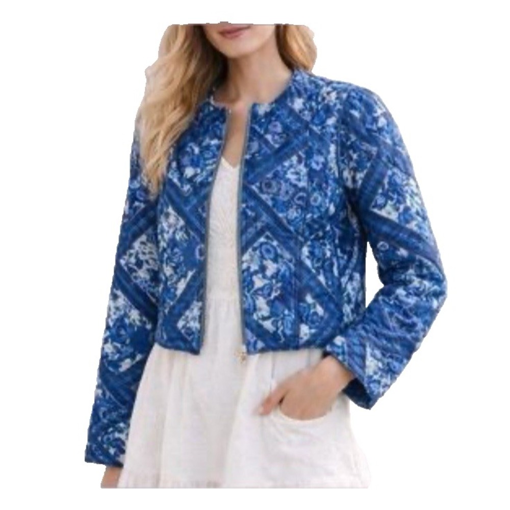7 For All Mankind Quilted Floral Jacket Womens S Blue White Cropped Coastal NWT